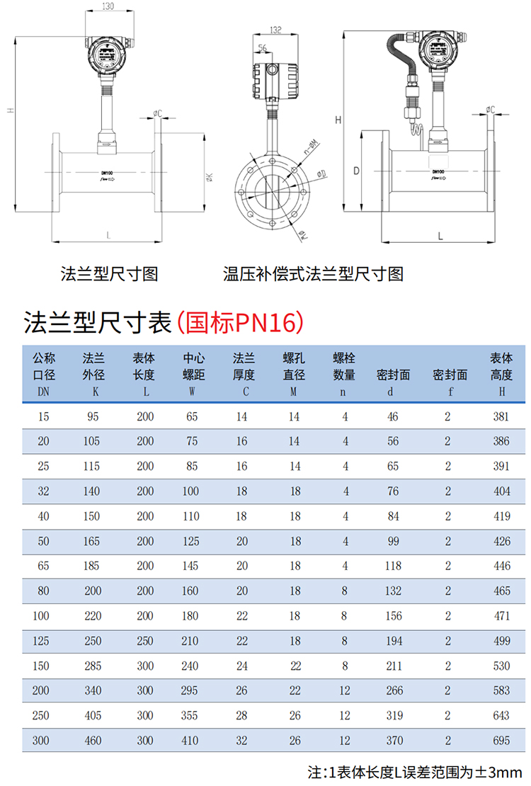 dn100渦街流量計法蘭式尺寸圖